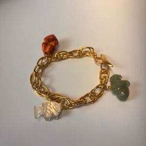 Vintage Charm Bracelet Gold Tone Carved Stone Elephant Fish Frog Boho Statement